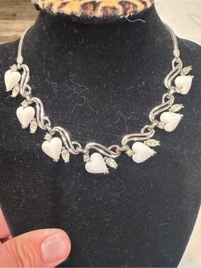 Vintage Silver-Tone Heart Link Necklace with White Accents - Women Jewelry